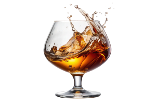 Crystal Glass Filled with Golden Liquor in Motion on a White Background