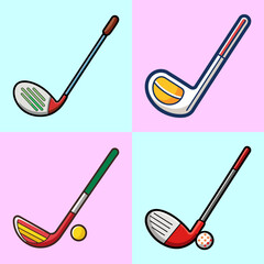 Four square illustration of golf clubs and golf balls on pastel background