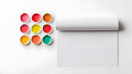 Colorful Paint Containers On White Background With Open Paper