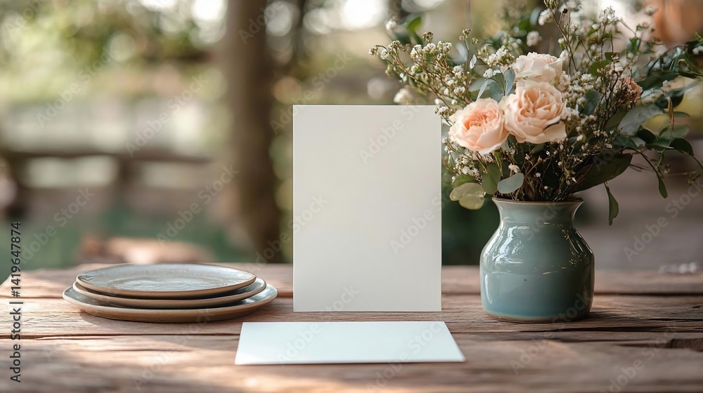 Poster Close up shot of elegant table setting with plates vase of flowers and blank cards outdoors on a rustic wooden table with natural lighting and blurred background