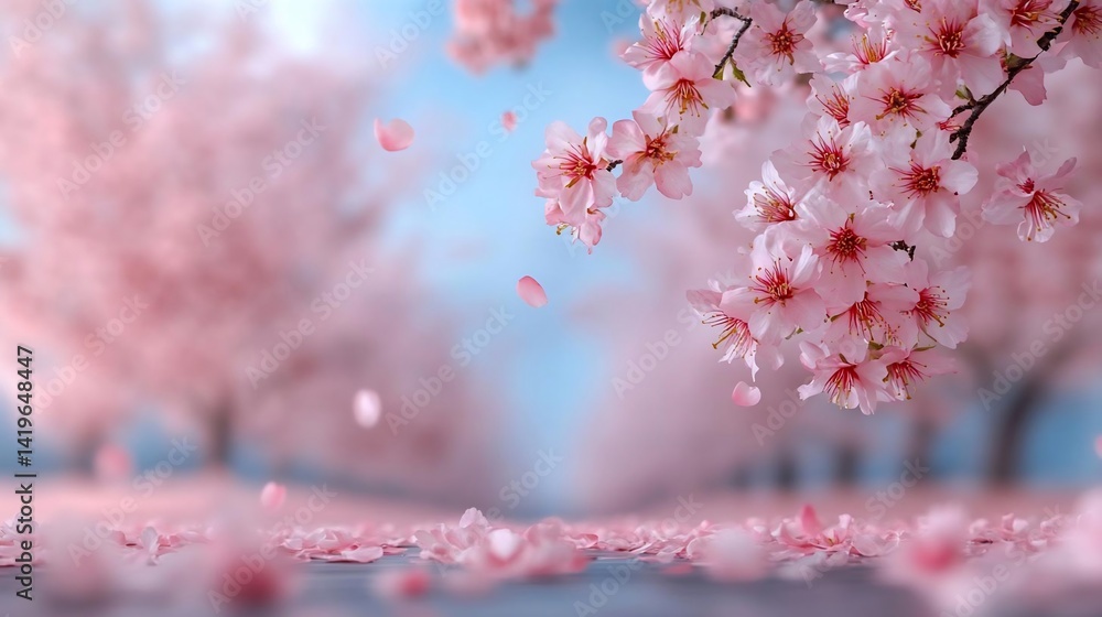 Poster close-up of blooming pink blossoms with soft focus on petals falling from branches against a blurred
