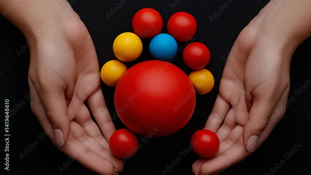 Poster hands holding colorful eggs of various sizes in a playful arrangement on a dark surface