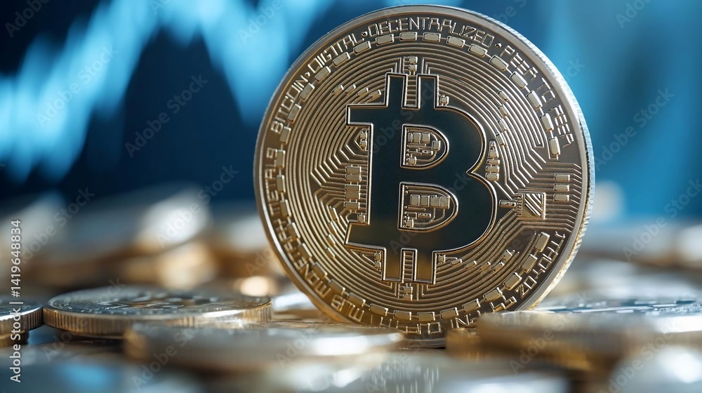 Aufkleber golden coin on a pile with a blurred background of a trading chart reflecting the concept of cryptoc