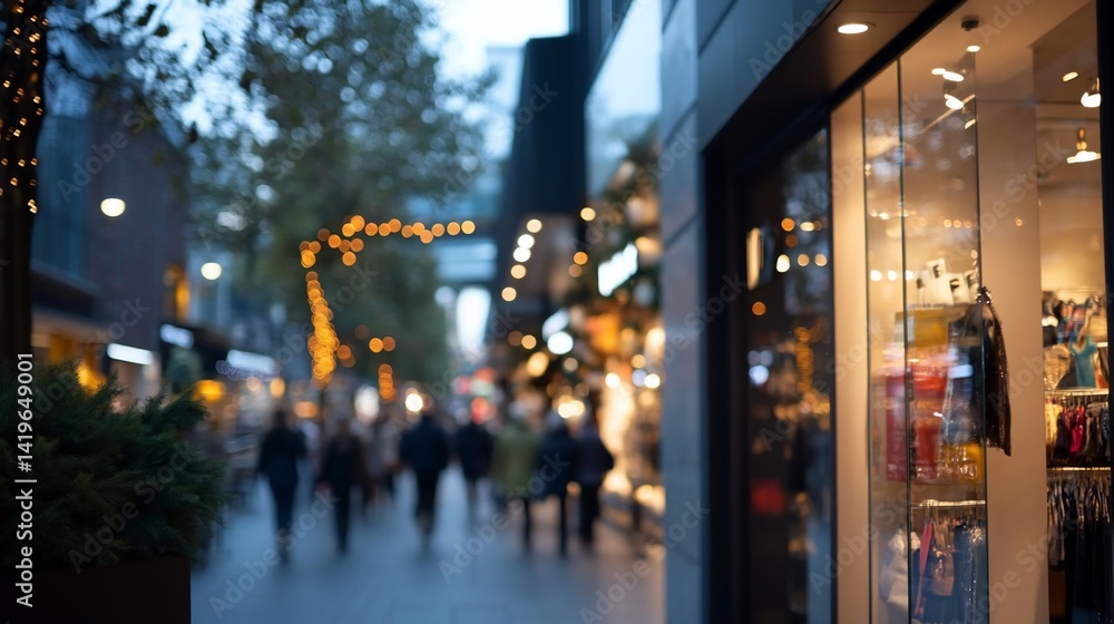 Poster blurred urban street scene with illuminated shop windows and pedestrians. soft focus on a storefront