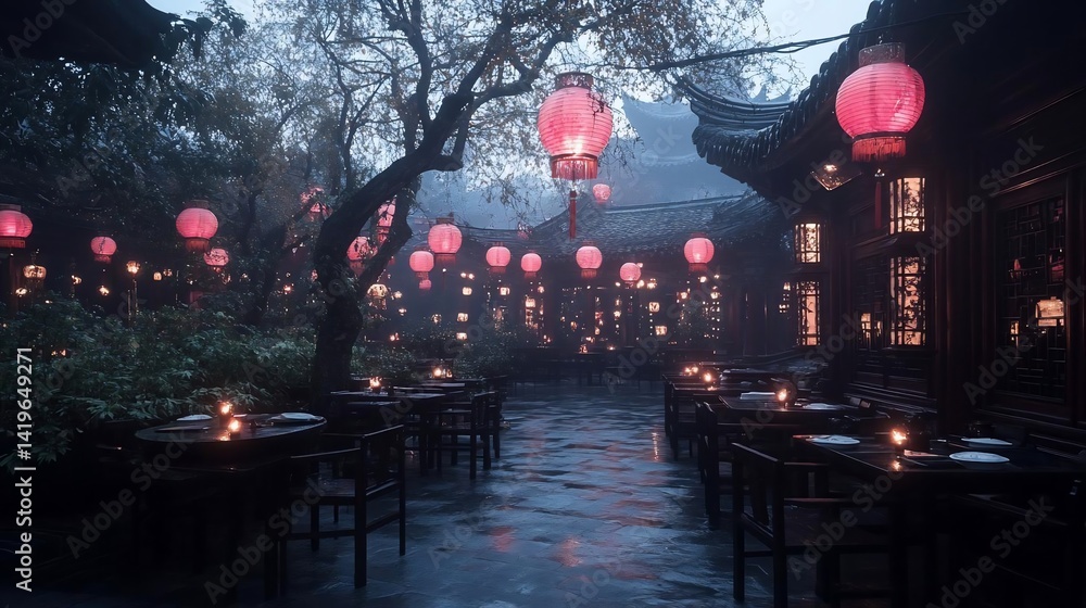 Poster rainy courtyard scene at dusk featuring vibrant red lanterns illuminating tables and chairs set bene