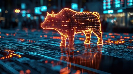Digital Bull Market Concept with Neon Lights and Data Visualization