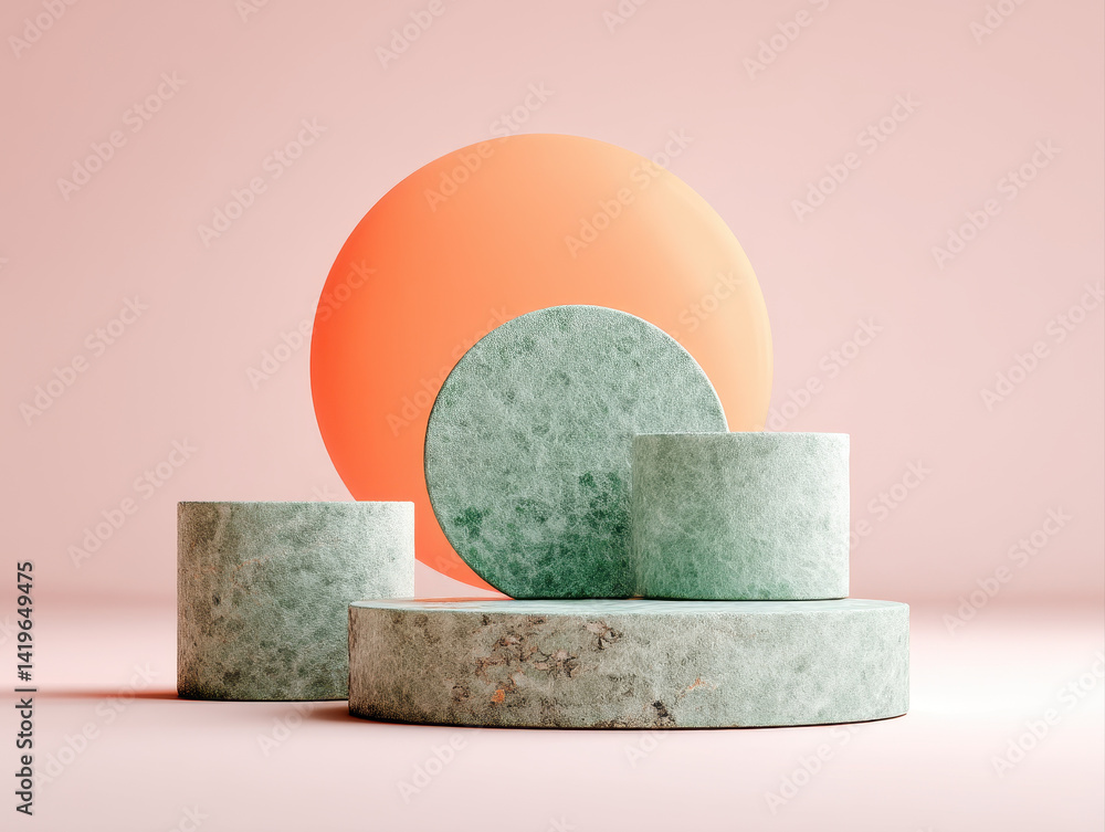 Poster modern mockup featuring geometric shapes in soft green and orange tones, creating serene and artisti