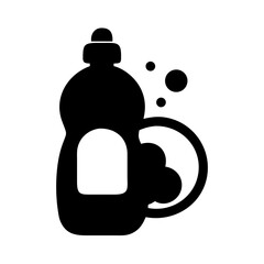 Dish soap bottle icon vector illustration cleaning detergent liquid with bubbles and dish icon art