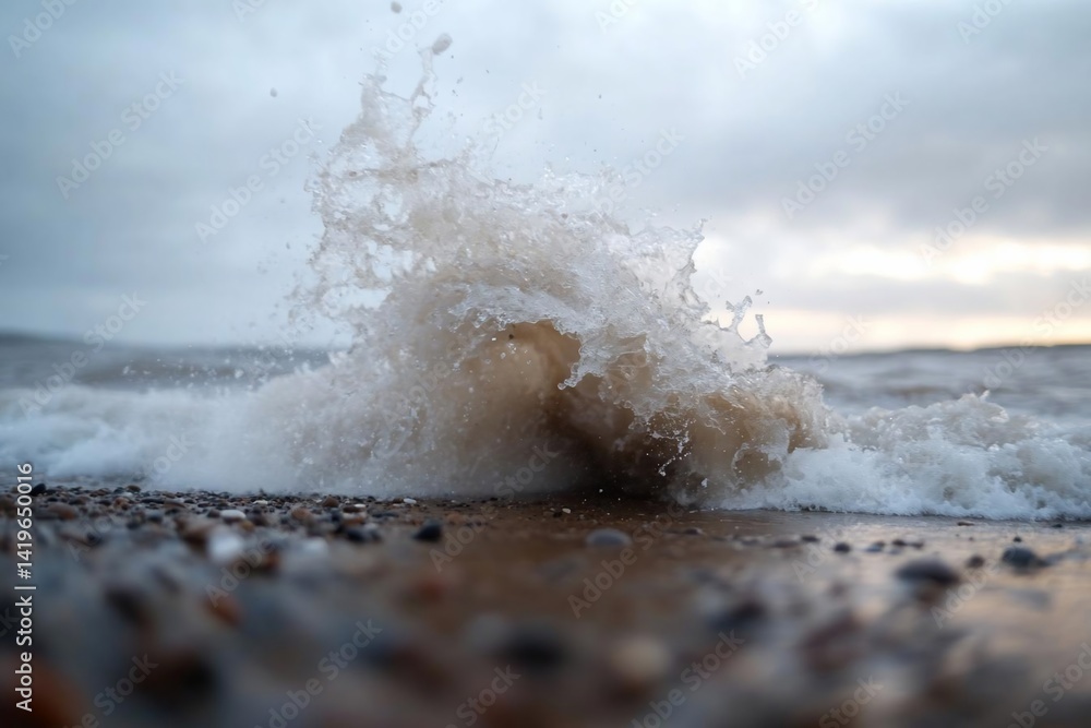 Poster Close-up view of a wave crashing onto a pebble-covered beach generating splashing water under cloudy sky. Captures the natural coastal scene with the focus on water movement
