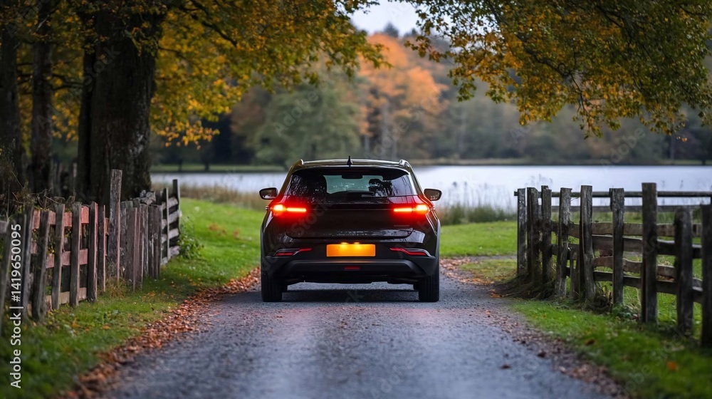 Poster rear view of a dark car driving on a pathway lined with trees and a wooden fence beside a lake in au