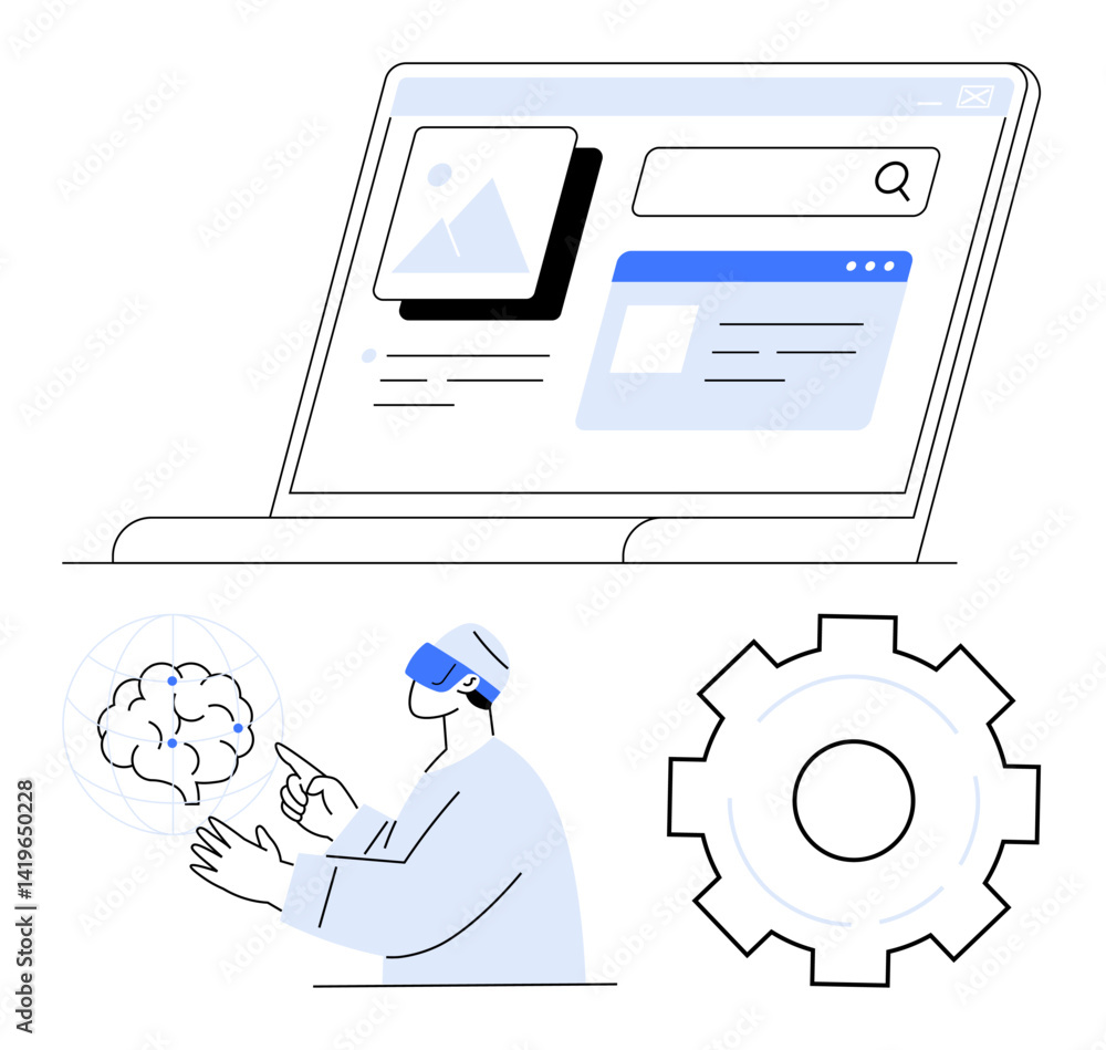 Poster website interface with search bar, vr user analyzing ai technology, and large gear icon. ideal for i