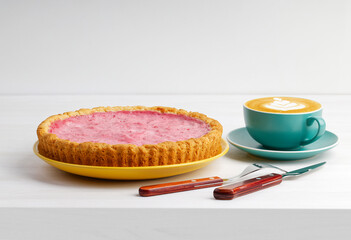 Homemade berry cake with sour cream topping and cup of coffee cappuccino on white wooden table.