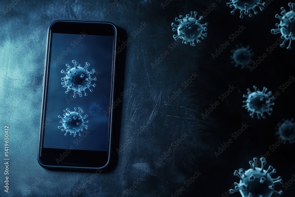 Poster smartphone displaying virus illustrations surrounded by floating virus images in dark setting