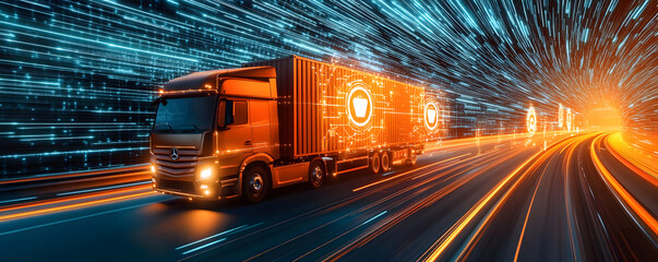 A cargo truck moving along a digital highway with glowing security icons, representing secure transport and data protection