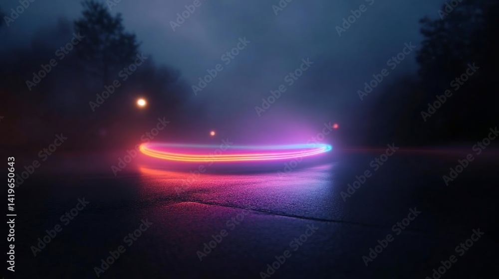 Poster glowing neon light ring illuminating a wet road in a foggy environment. the atmospheric scene featur