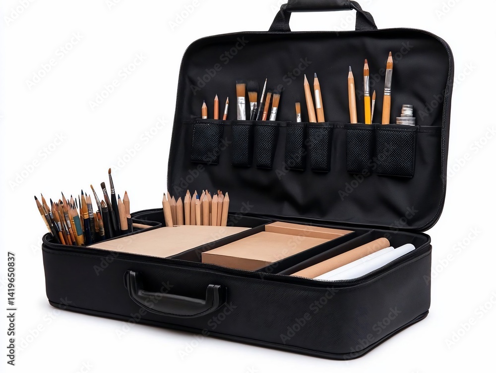 Poster Open Generic Artist's Briefcase Displaying Assorted Art Supplies with Organized Brushes Pencils and Paper Pads on White Background with Shadows
