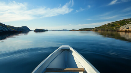 A small white boat is floating on a calm lake