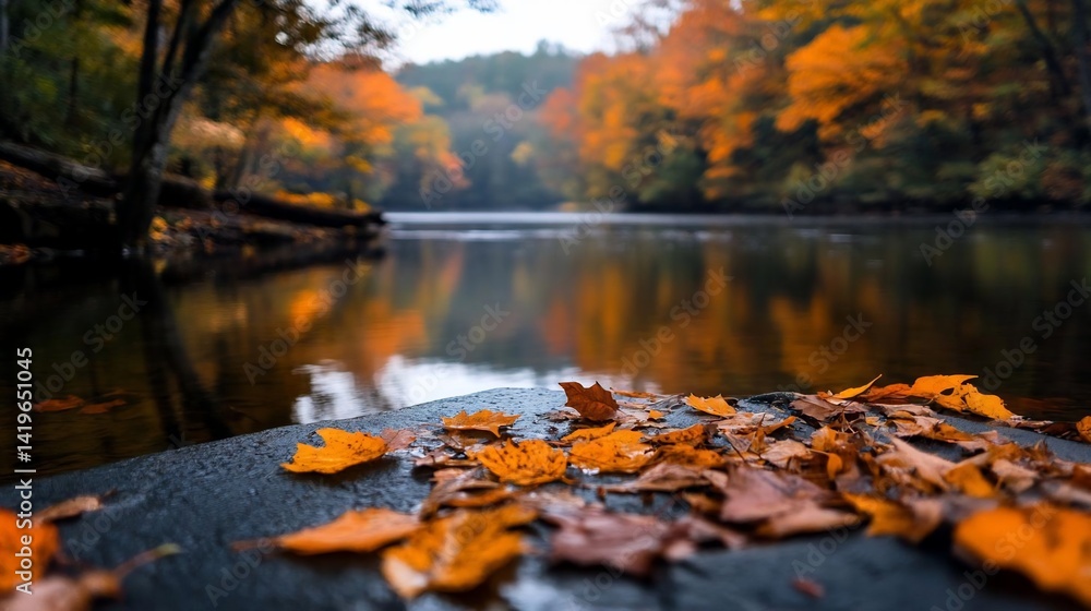 Leinwandbilder autumnal scene showcasing a tranquil lake reflecting vibrant fall foliage. the foreground features c