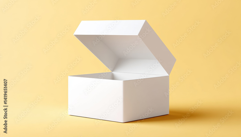 Poster clean mockup of open white box against soft yellow background creates minimalist and inviting atmosp