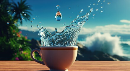 Refreshing Splash: Crystal Clear Water in a Teacup Against a Tropical Ocean Backdrop