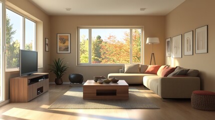 Living room with autumnal colors seen through a large window
