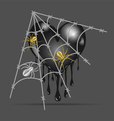 A black heart, a spider and a web of barbed wire. Vector image