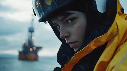 A female offshore worker checking emergency equipment. Featuring vigilance and safety awareness