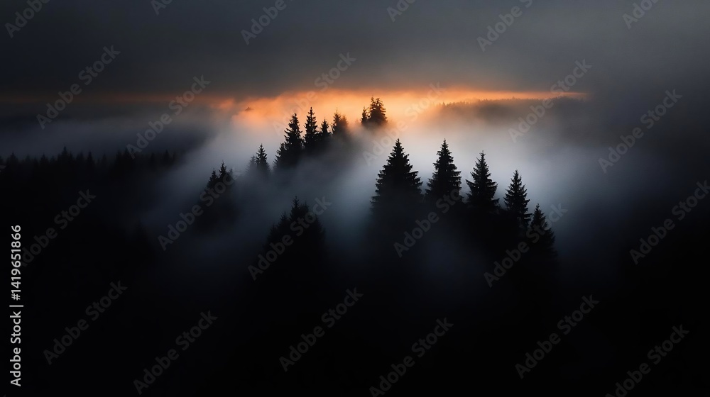 Poster Silhouette of forest trees enveloped in dense fog with a moody atmosphere against a dramatic sunset showcasing the beauty of the natural landscape with the interplay of light and shadow