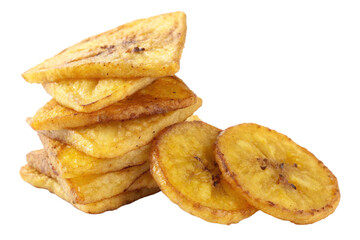 A stack of golden fried plantain chips, showcasing their crispy texture and delicious appeal.