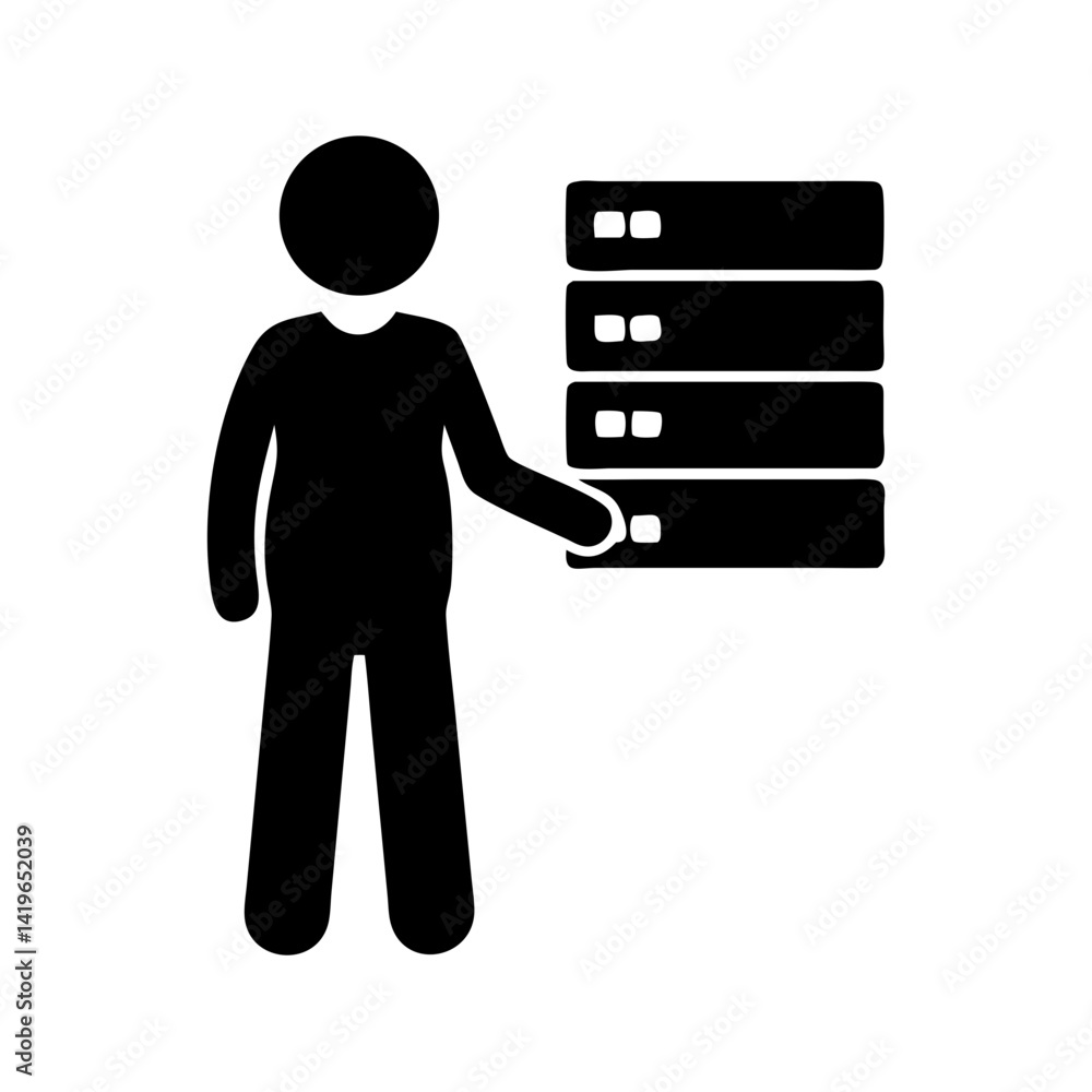 Poster illustration of server data storage with person managing server network infrastructure and database 