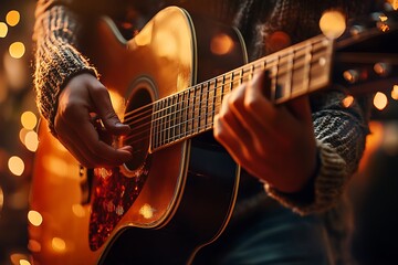 Naklejka premium Person Playing Acoustic Guitar Close Up with Warm Brown Tones and Bokeh Lights