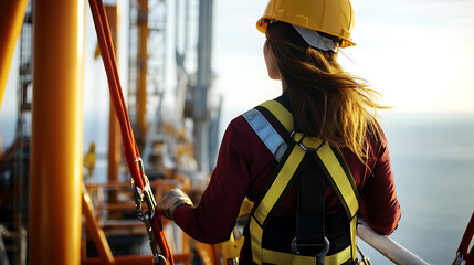 A female offshore worker checking safety harnesses before work. Featuring safety awareness and attention to detail