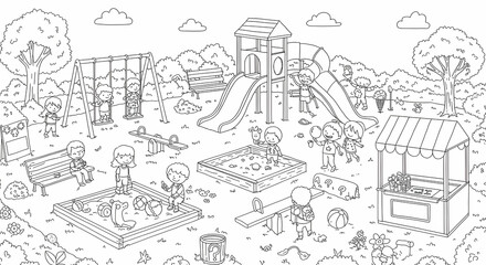 Obraz premium Children Playing at the Playground Black and White Outline