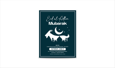 Eid al-Adha Flyer Template with Mosque, Goat, and Crescent Moon, Editable Eid al-Adha flyer template
