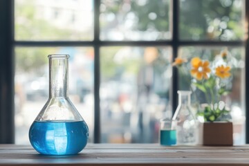 Experiment with blue liquid in laboratory glassware placed on a wooden table by a window
