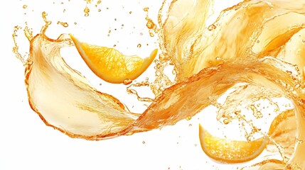Photography of circular orange juice splash swirl, orange wedges and zest curls floating, isolated on warm white background 