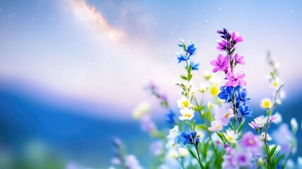 Vibrant wildflowers in a field at dawn, soft focus, peaceful scene