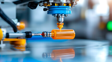 Obraz premium High-speed extrusion blow molding machine operation industrial facility manufacturing process controlled environment close-up view efficiency and innovation