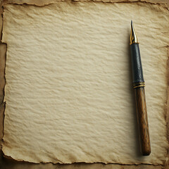 Vintage ink pen resting on aged parchment paper
