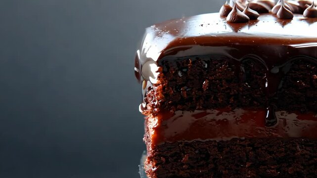 A decadent chocolate cake slice reveals moist layers with rich ganache dripping down the side, showcasing the dessert's irresistible allure and texture.
