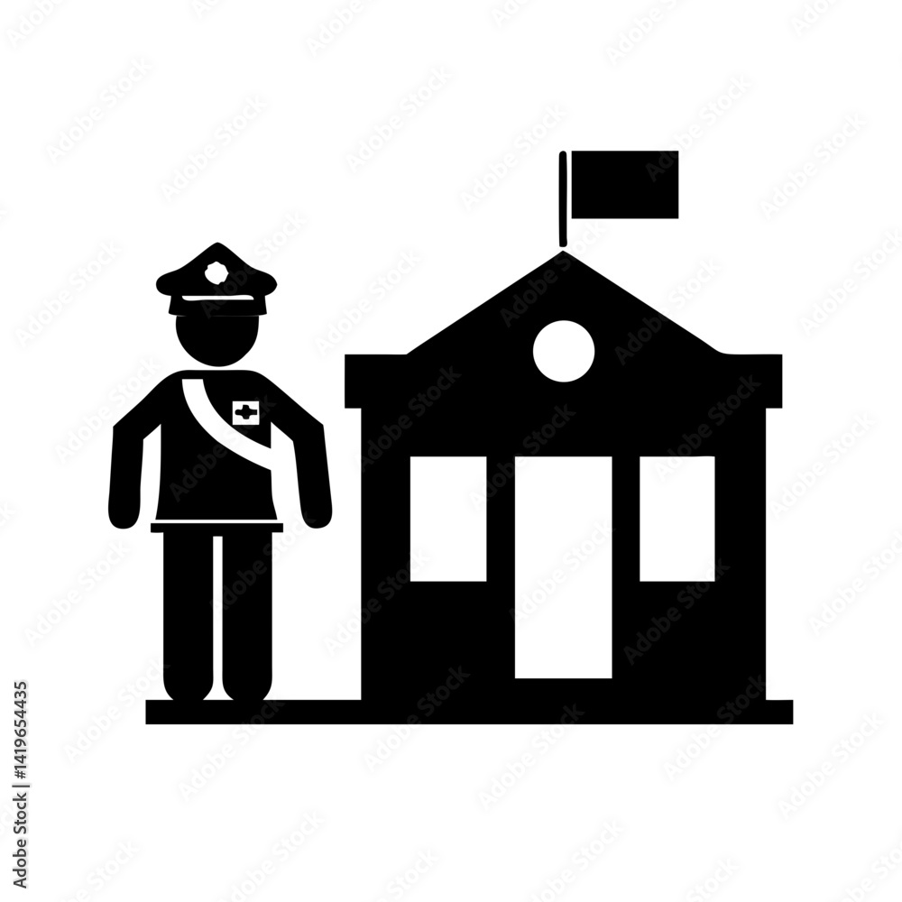 Poster illustration of security guard standing near building with flag security building guard icon