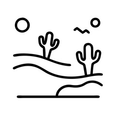 Cactus desert landscape illustration vector, desert scene with cactus and sun outline drawing art