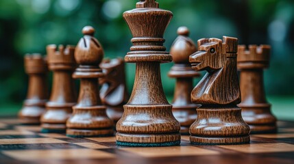 Fototapeta premium Dark wooden chess pieces on a checkered board