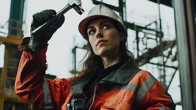 A female offshore worker handling tools in a machinery room. Featuring precision and technical expertise