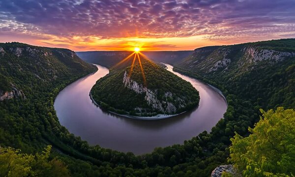 Serene sunset over winding river with lush green hills and clouds