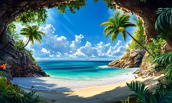 Serene Tropical Beach View with Lush Palm Trees and Clear Blue Sky