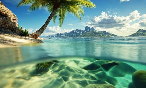 Serene tropical beach with clear water, palm tree, and distant mountains