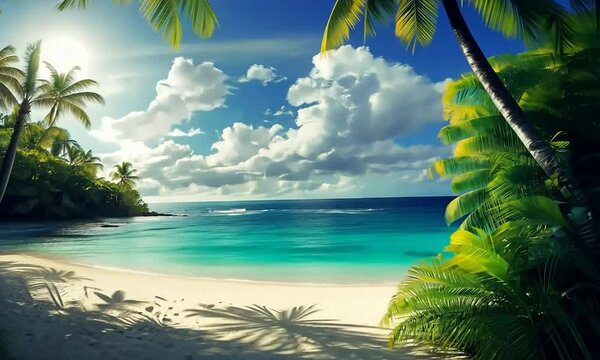 Serene tropical beach with palm trees and vibrant ocean view