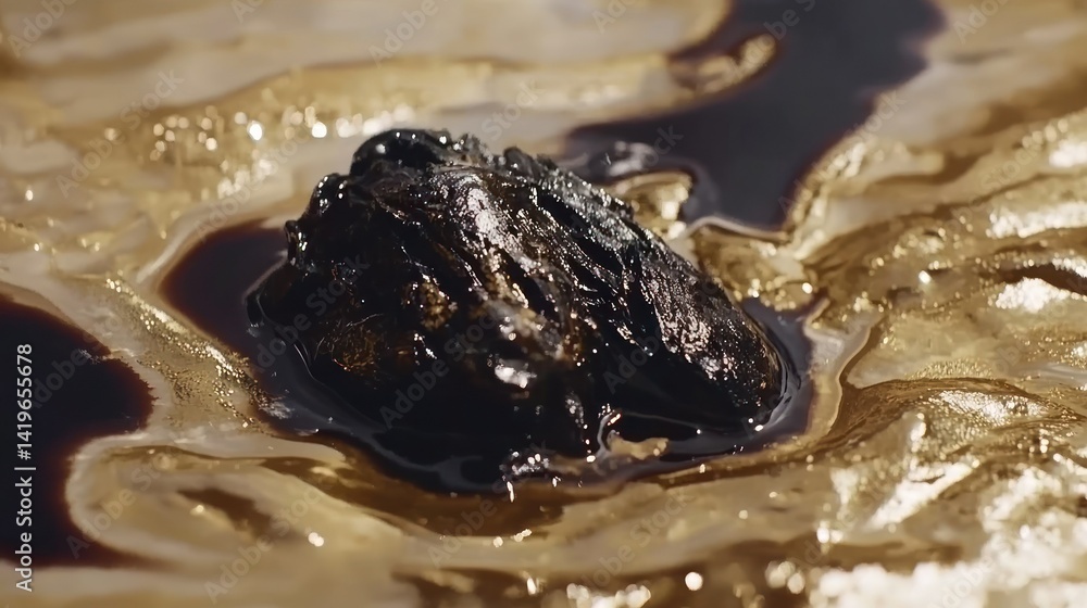 Poster a dark textured object floating in golden and brown liquid