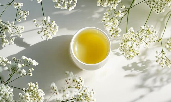 Serene tea setting with delicate white flowers surrounding a cup